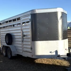 Screenshot - Montana Auctions by Kevin Hill Silver two‑axle horse trailer parked on dry grass, with a spare tire mounted on the side and a side door openable vented paneling up top