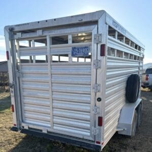 Screenshot - Montana Auctions by Kevin Hill Rear view of a silver aluminum livestock trailer with split rear doors, Montana license plate, and a spare tire mounted on the right side.