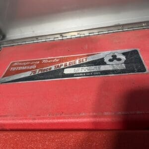Red Snap-on Tools case lid with a label for a 76-piece Tap & Die Set (model TD…M500).