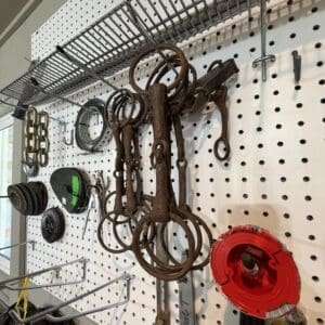 Rusty horse bits and bridle hardware hanging on a pegboard in a workshop setting.