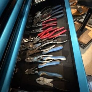 Open drawer in a blue tool cabinet containing assorted pliers with red, blue, and metal handles laid out neatly.