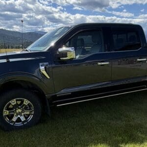 Black crew-cab pickup truck parked on a grassy field with mountains in the background and a blue, partly cloudy sky.