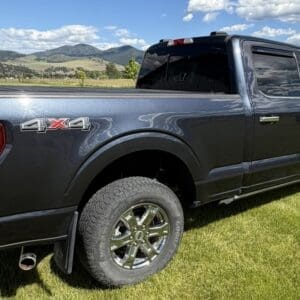 Dark crew-cab pickup truck with chrome wheels parked on a grassy field, mountains in the distance.