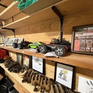 Display shelf in a shop with RC cars on the middle shelf, and wooden horse bits on the bottom shelf beside framed art pieces and posters on a rustic wall.