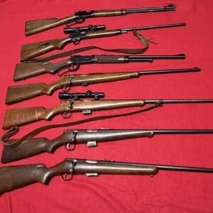 Row of seven rifles with wooden stocks on a red cloth, some with scopes and leather slings.