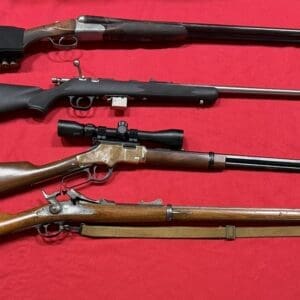 Five rifles laid out on a red surface: a shotgun at the top, a modern bolt-action rifle, a scoped lever-action, and two long wooden rifles with metal barrels beneath.