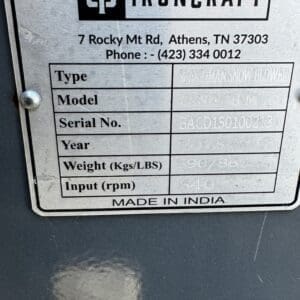 LOT 7 2 - Montana Auctions by Kevin Hill Metal nameplate from Ironcraft machinery showing the company address, phone number, and a two-column spec table with Type, Model, Serial No., Year, Weight, and Input rpm; Made in India.