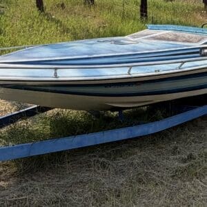 16 1 - Montana Auctions by Kevin Hill Blue and white speedboat on a blue trailer parked on a grassy field with trees in the background.