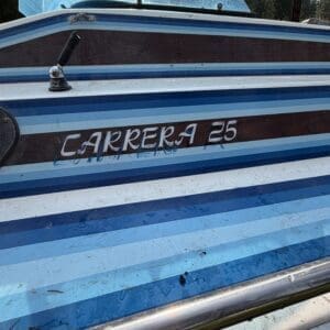 16 1 - Montana Auctions by Kevin Hill Back of a weathered blue-striped boat with a small windshield, docked among trees; hull reads 'CARRERA 25'.