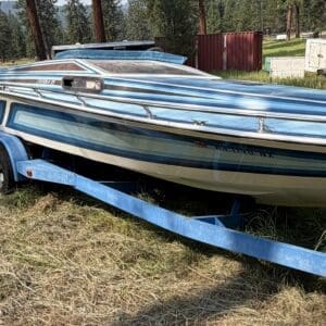 16 5 - Montana Auctions by Kevin Hill Blue and white speedboat on a blue trailer parked in a grassy, tree-filled lot with sheds in the background.