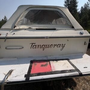 17 2 - Montana Auctions by Kevin Hill White motorboat with a beige canvas cover, name 'Tanqueray' on the stern, parked on a trailer in a grassy, wooded area.