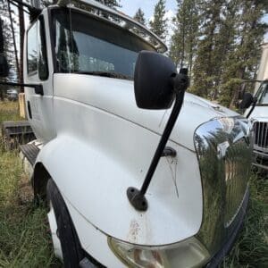 21 2 - Montana Auctions by Kevin Hill Front corner of a white truck cab in tall grass, with rust spots and a large black side mirror, pine trees in the background.