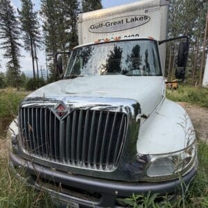 22 2 - Montana Auctions by Kevin Hill White semi-truck front in a grassy, forested area with tall pine trees; Gulf-Great Lakes trailer visible above cab.