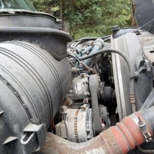 23 8 - Montana Auctions by Kevin Hill View inside a truck engine bay showing a rusty exhaust pipe, belts, and dusty components with green foliage in the background (informative).