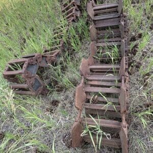 42 - Montana Auctions by Kevin Hill Rusty, disused metal tracks or treads lying in a grassy field, partially overgrown with weeds and pinecones nearby