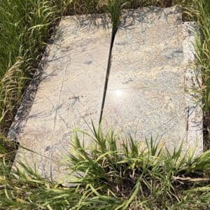 IMG_8923 - Montana Auctions by Kevin Hill Flat granite grave marker split into two panels, partially sunken and surrounded by tall green grass in a grassy area.